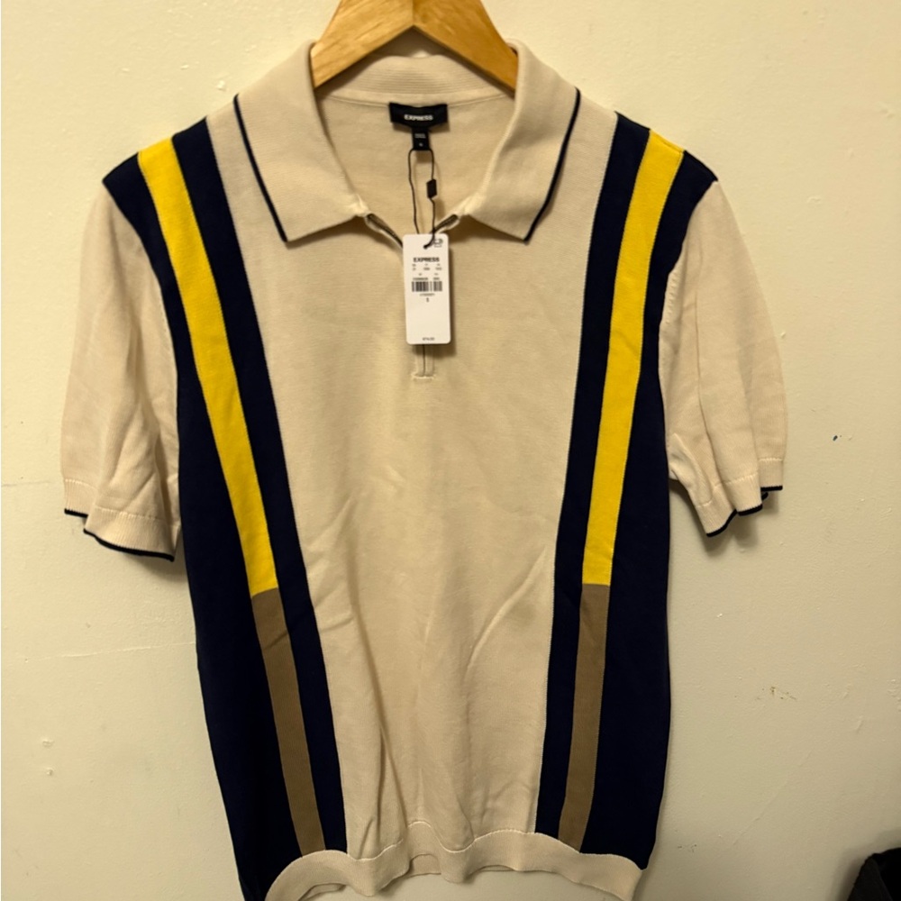 Cream and Navy Sweater Polo with Yellow Accents